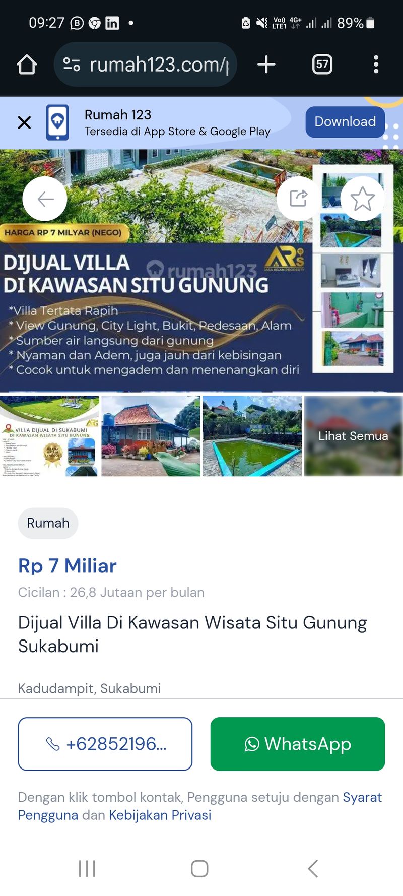 Dijual Villa/lahan 2.4 ha murah dan view Gunung - 2